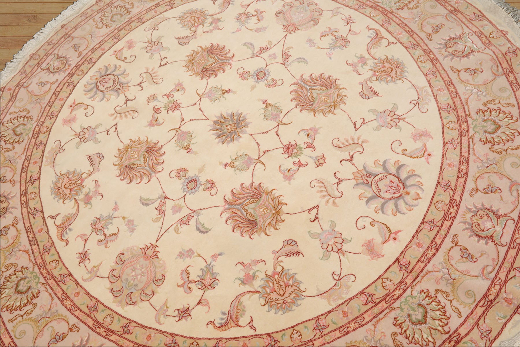 Round Ivory, Rose, Beige Color Hand Knotted Tabriz Round Wool & Silk Traditional Oriental Rug