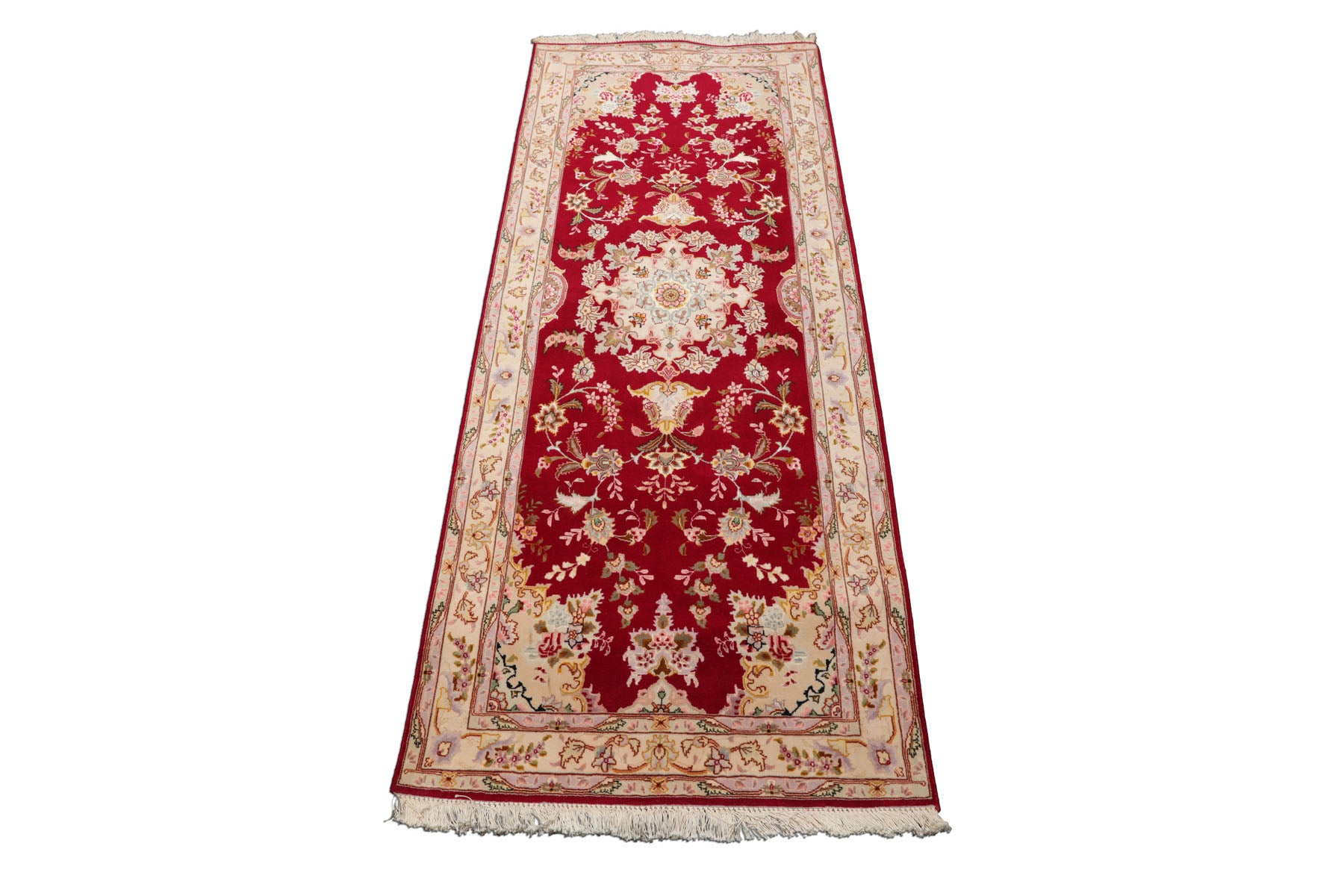 Runner Red, Ivory, Rose Color Hand Knotted Tabriz Wool & Silk Traditional Oriental Rug
