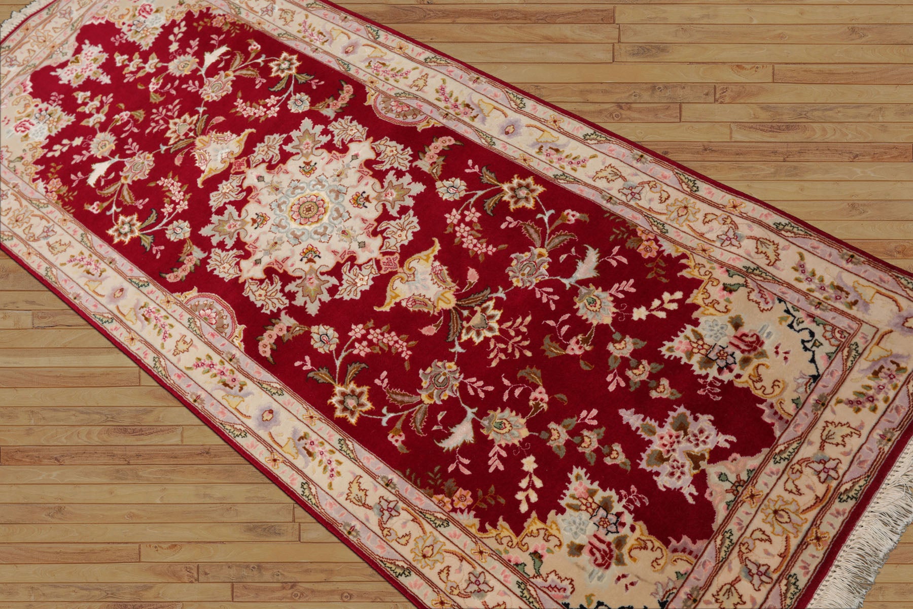 Runner Red, Ivory, Rose Color Hand Knotted Tabriz Wool & Silk Traditional Oriental Rug