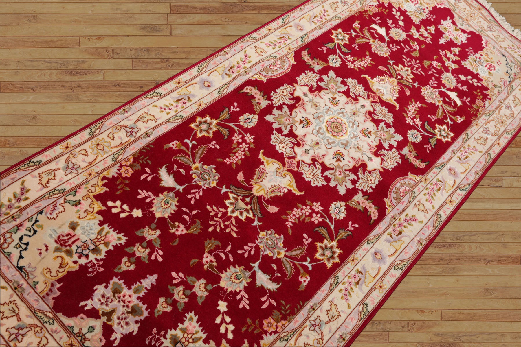 Runner Red, Ivory, Rose Color Hand Knotted Tabriz Wool & Silk Traditional Oriental Rug
