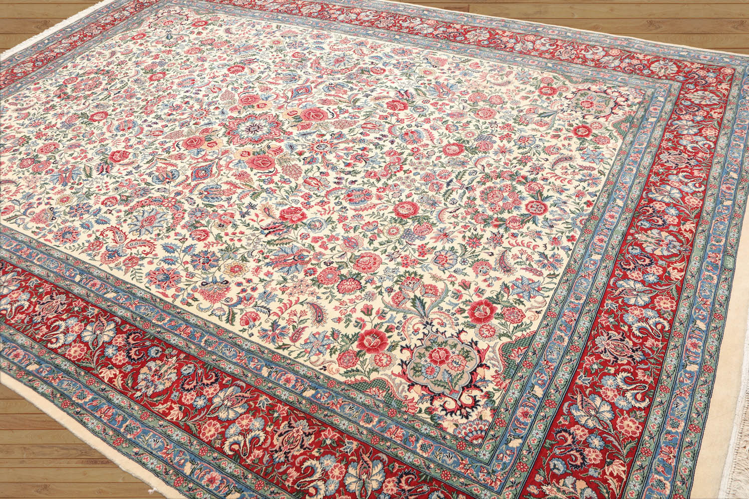 9x12 Ivory, Red, Blue Color Hand Knotted Floral 100% Wool Traditional Oriental Rug