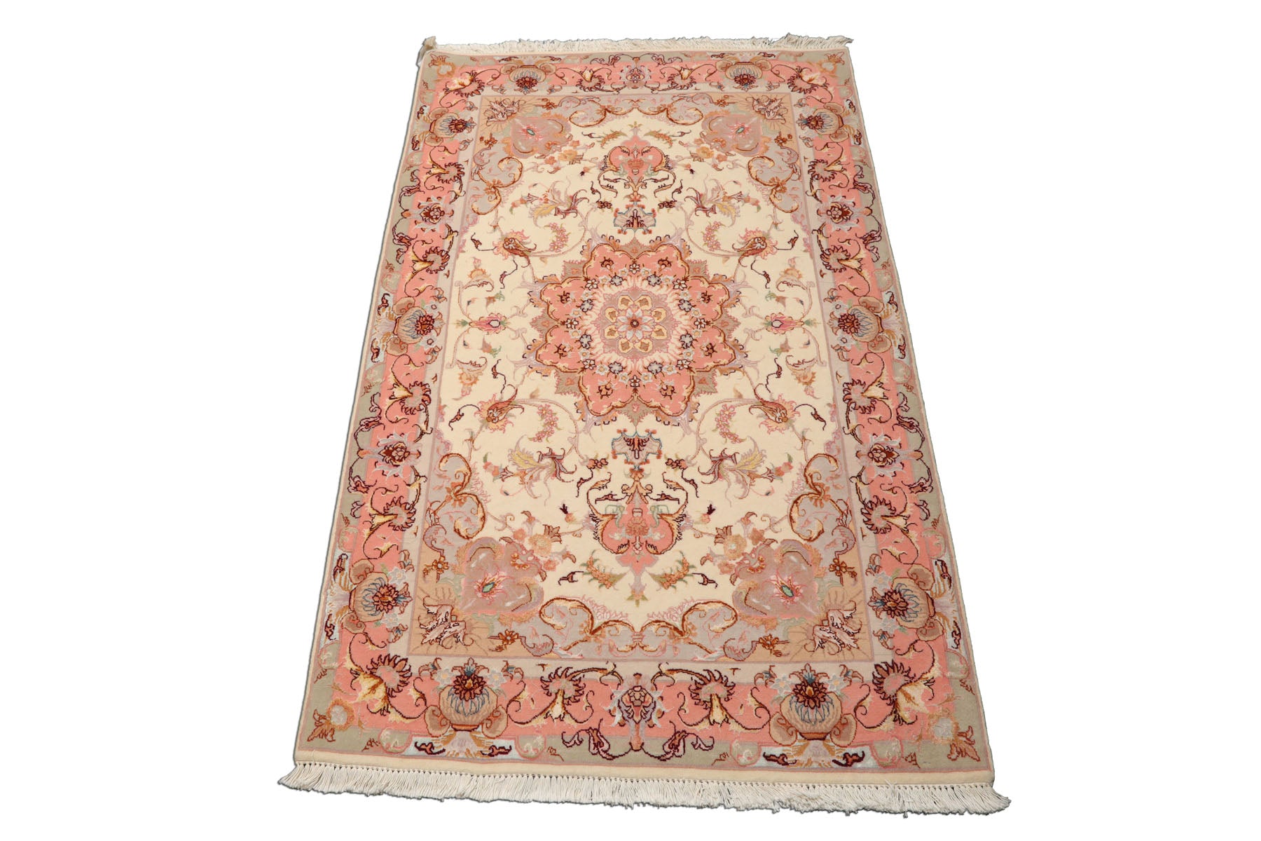 3x5 Ivory, Rose, Taupe Color Hand Knotted Tabriz Wool & Silk Traditional Oriental Rug