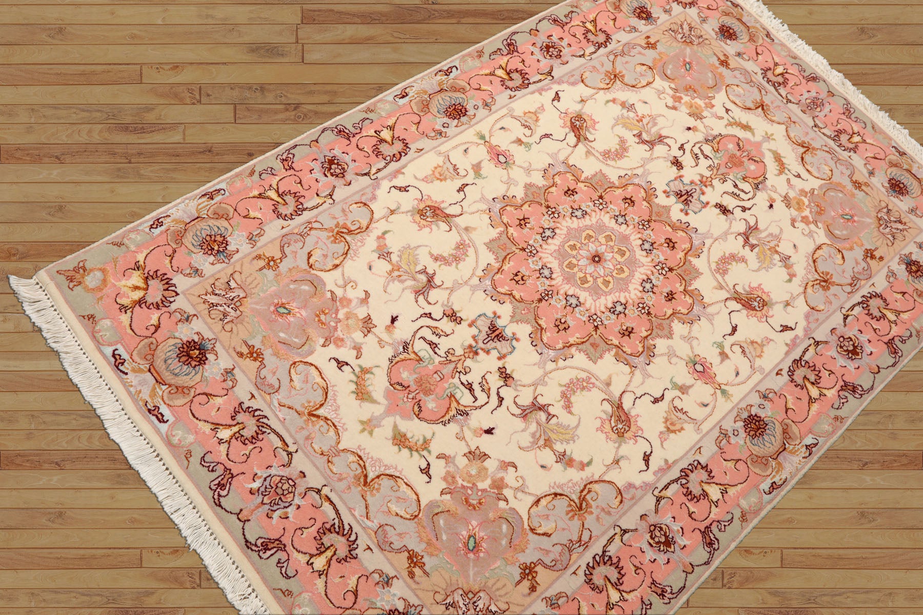 3x5 Ivory, Rose, Taupe Color Hand Knotted Tabriz Wool & Silk Traditional Oriental Rug