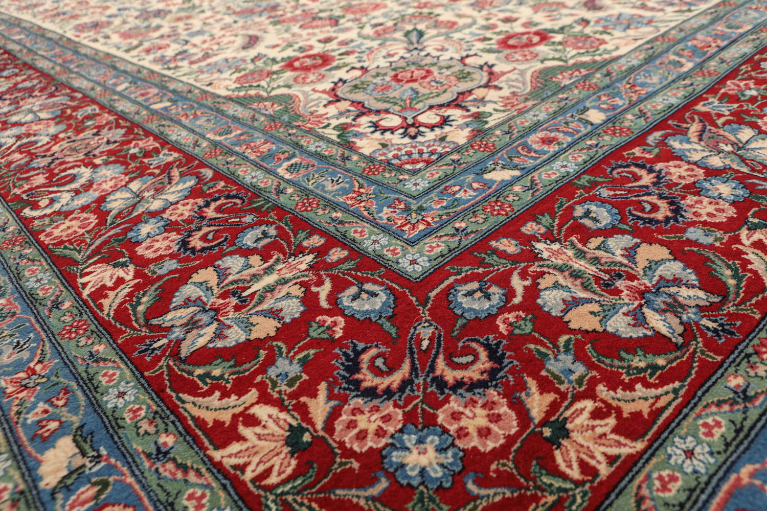 9x12 Ivory, Red, Blue Color Hand Knotted Floral 100% Wool Traditional Oriental Rug