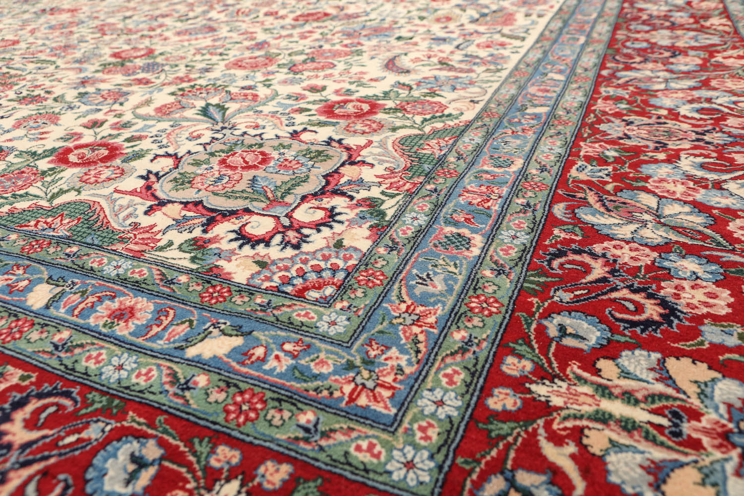 9x12 Ivory, Red, Blue Color Hand Knotted Floral 100% Wool Traditional Oriental Rug