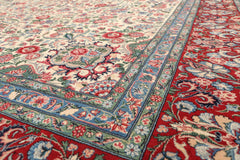 9x12 Ivory, Red, Blue Color Hand Knotted Floral 100% Wool Traditional Oriental Rug