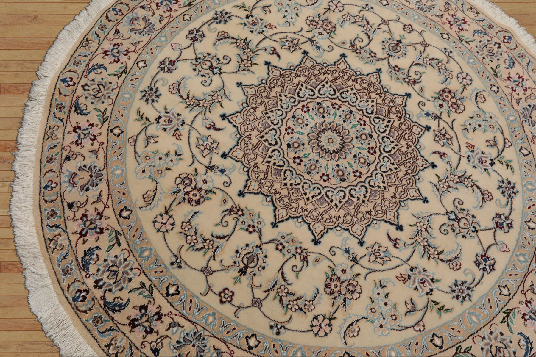 Round Ivory, Tan, Rose Color Hand Knotted Nain Round Wool & Silk Traditional Oriental Rug