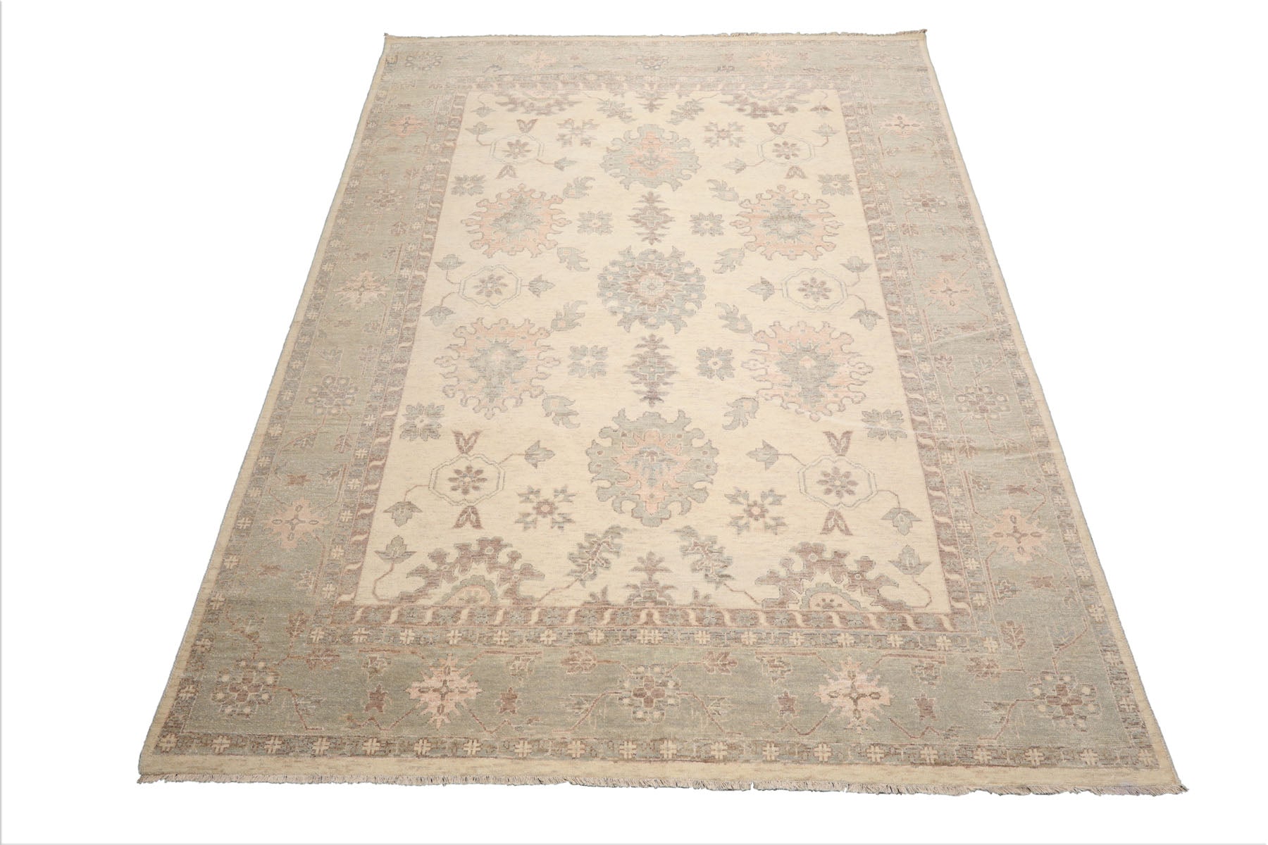 9'x12' Ivory Afghan Oushak Wool Oriental Area Rug, Hand Knotted, Traditional Design