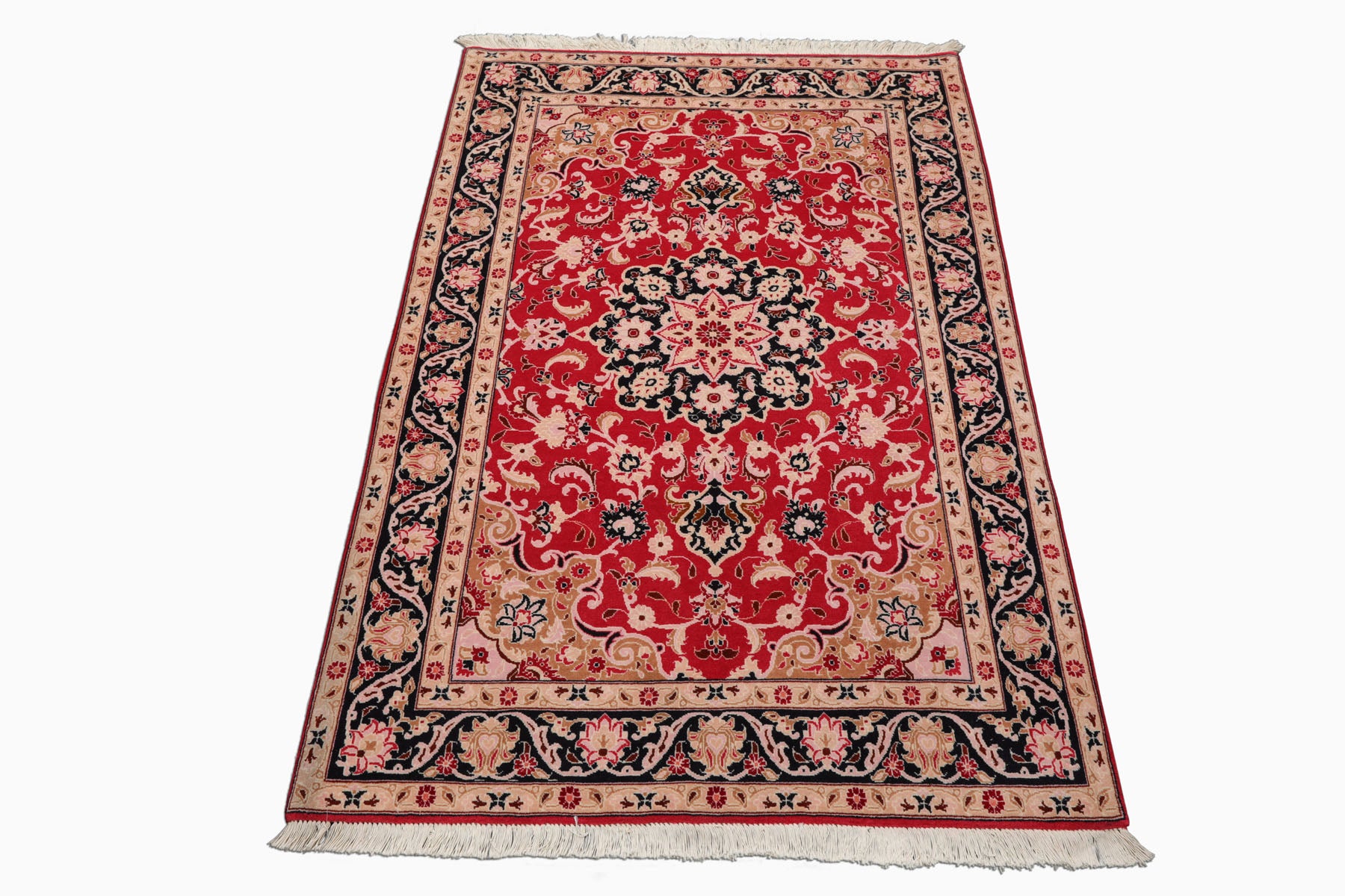 3x5 Red, Black, Tan Color Hand Knotted Tabriz Wool & Silk Traditional Oriental Rug