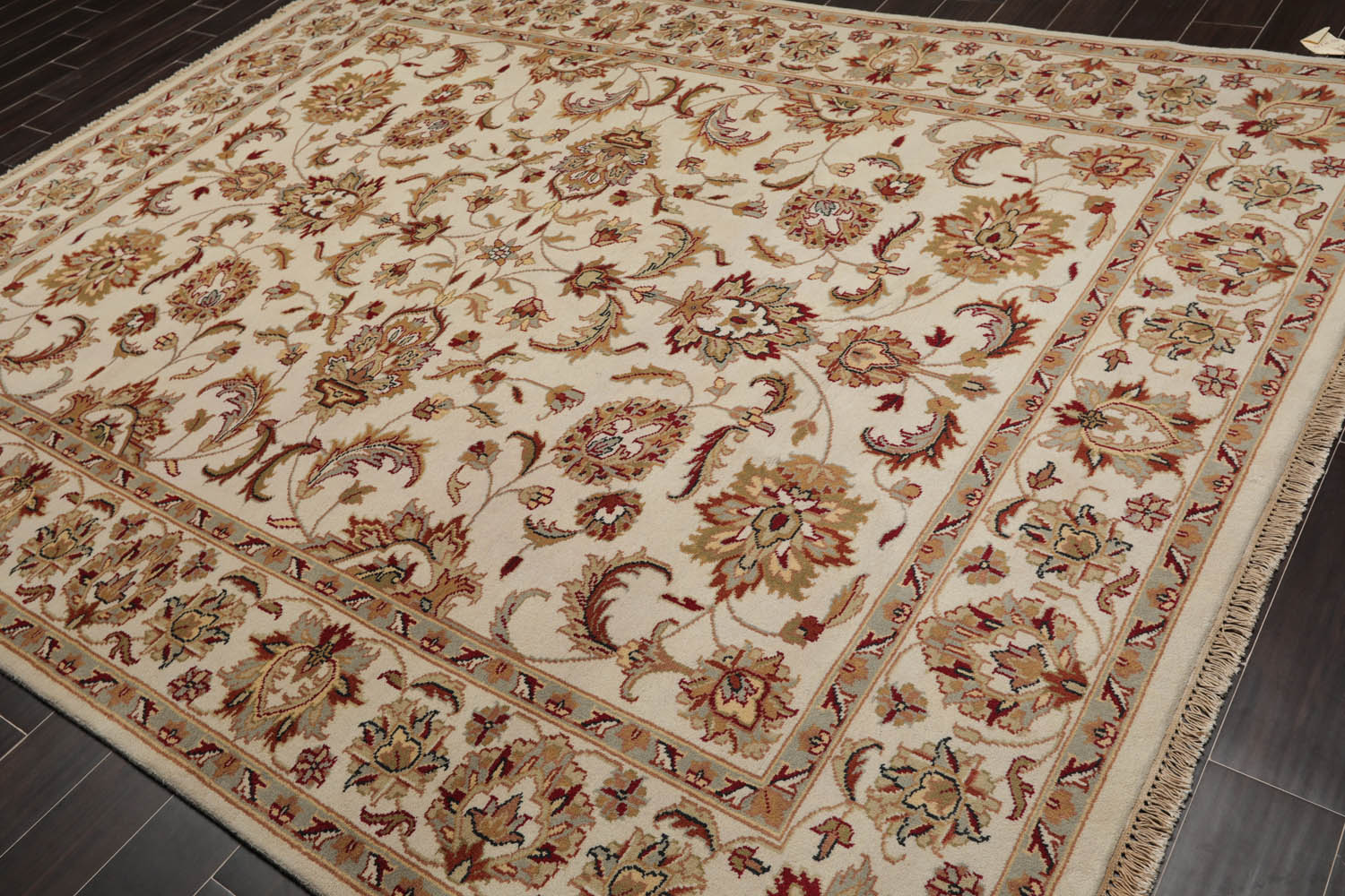 8x10 Ivory, Rust, Aqua Color Hand Knotted All-Over 100% Wool Traditional Oriental Rug