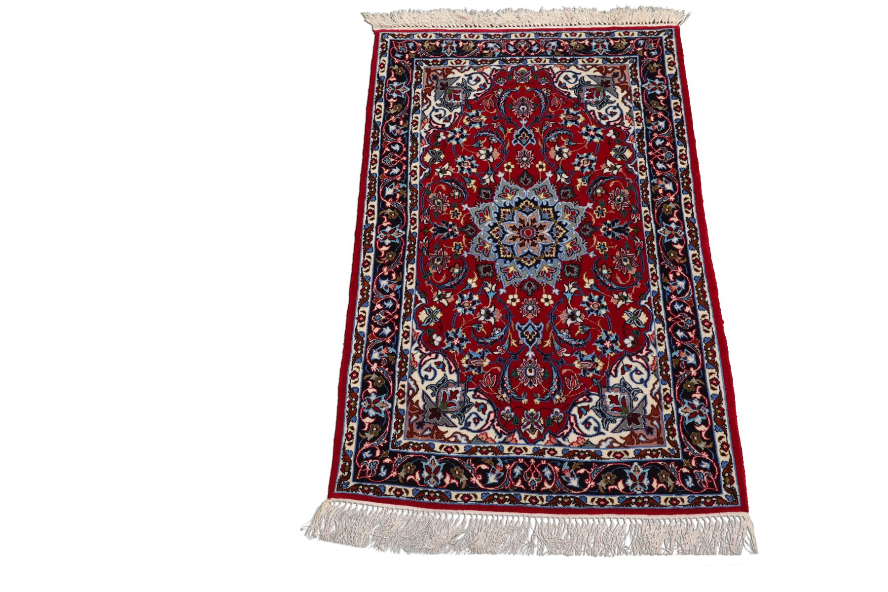 2x3 Red, Navy, Ivory Color Hand Knotted Isfahan Wool & Silk Traditional Oriental Rug
