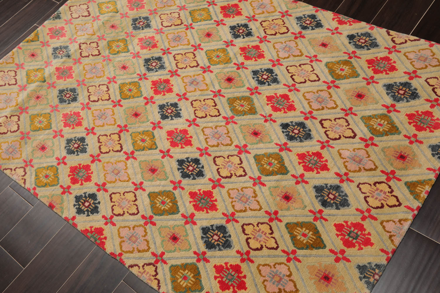 4x6 Mint, Coral, Blue Color Hand Knotted All-Over 100% Wool Traditional Oriental Rug