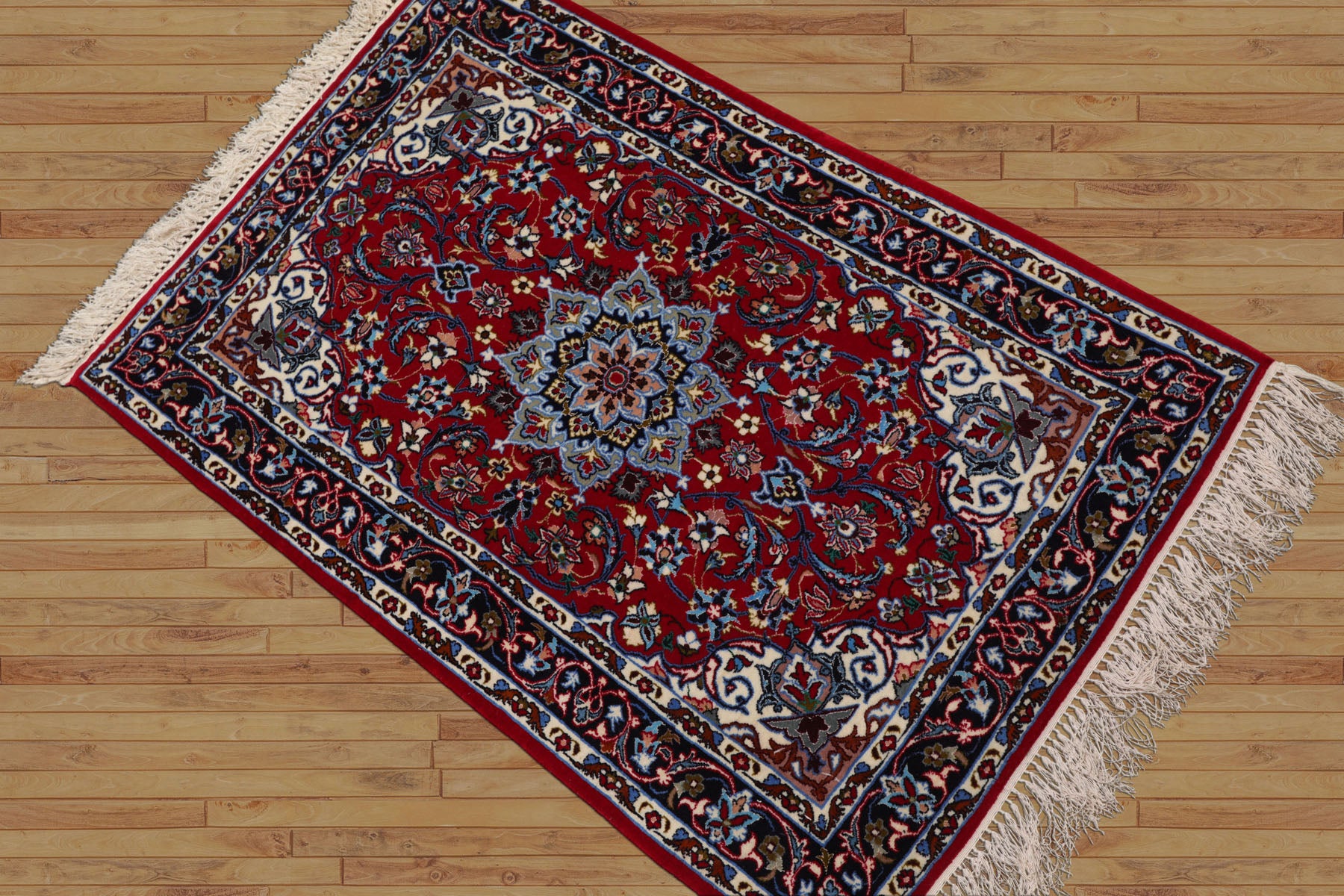 2x3 Red, Navy, Ivory Color Hand Knotted Isfahan Wool & Silk Traditional Oriental Rug