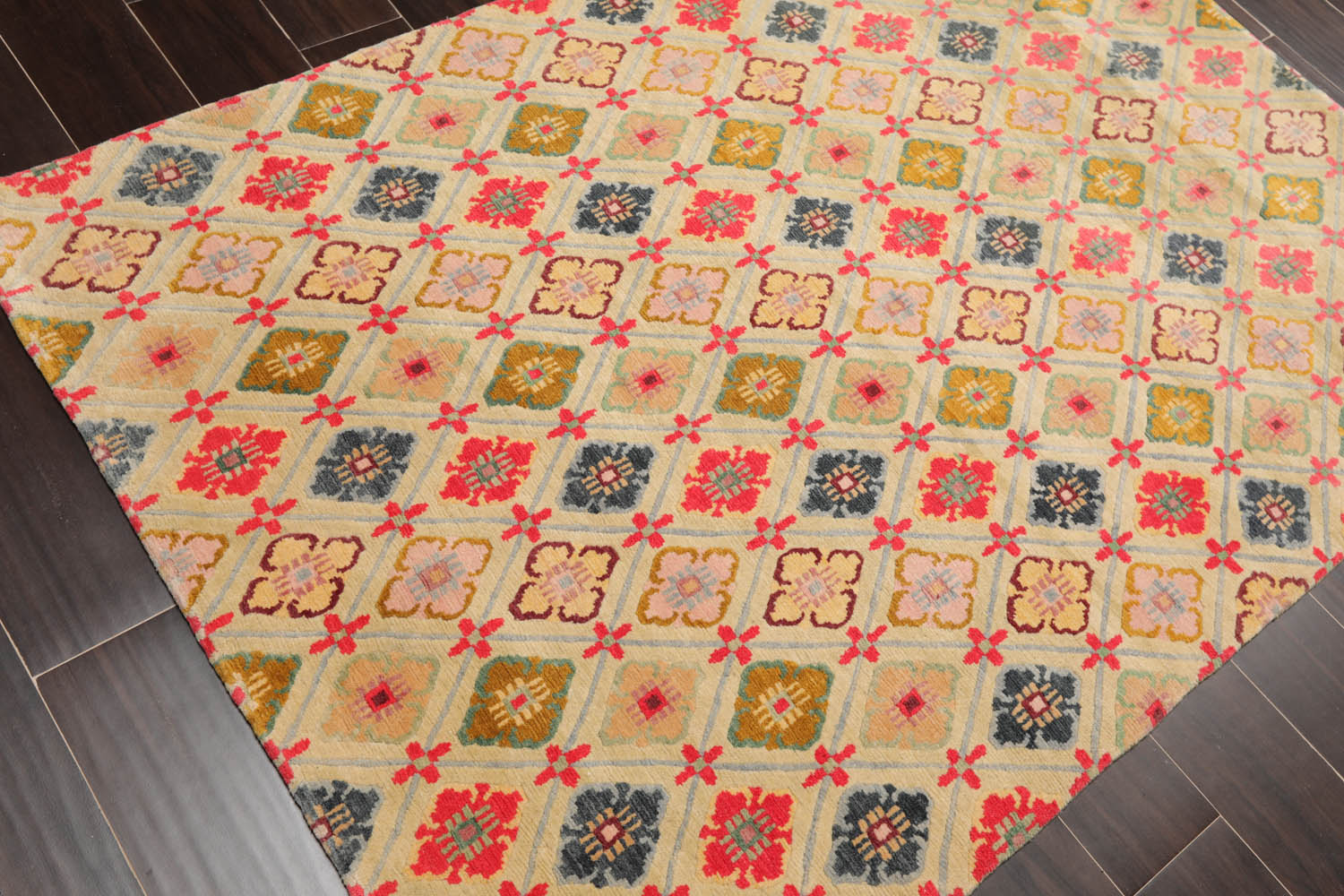 4x6 Mint, Coral, Blue Color Hand Knotted All-Over 100% Wool Traditional Oriental Rug