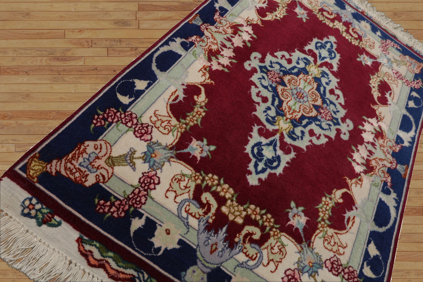 2x3 Mauve, Navy, Ivory Color Hand Knotted Tabriz Wool & Silk Traditional Oriental Rug