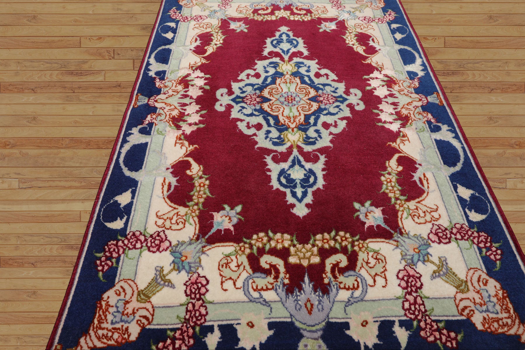 2x3 Mauve, Navy, Ivory Color Hand Knotted Tabriz Wool & Silk Traditional Oriental Rug