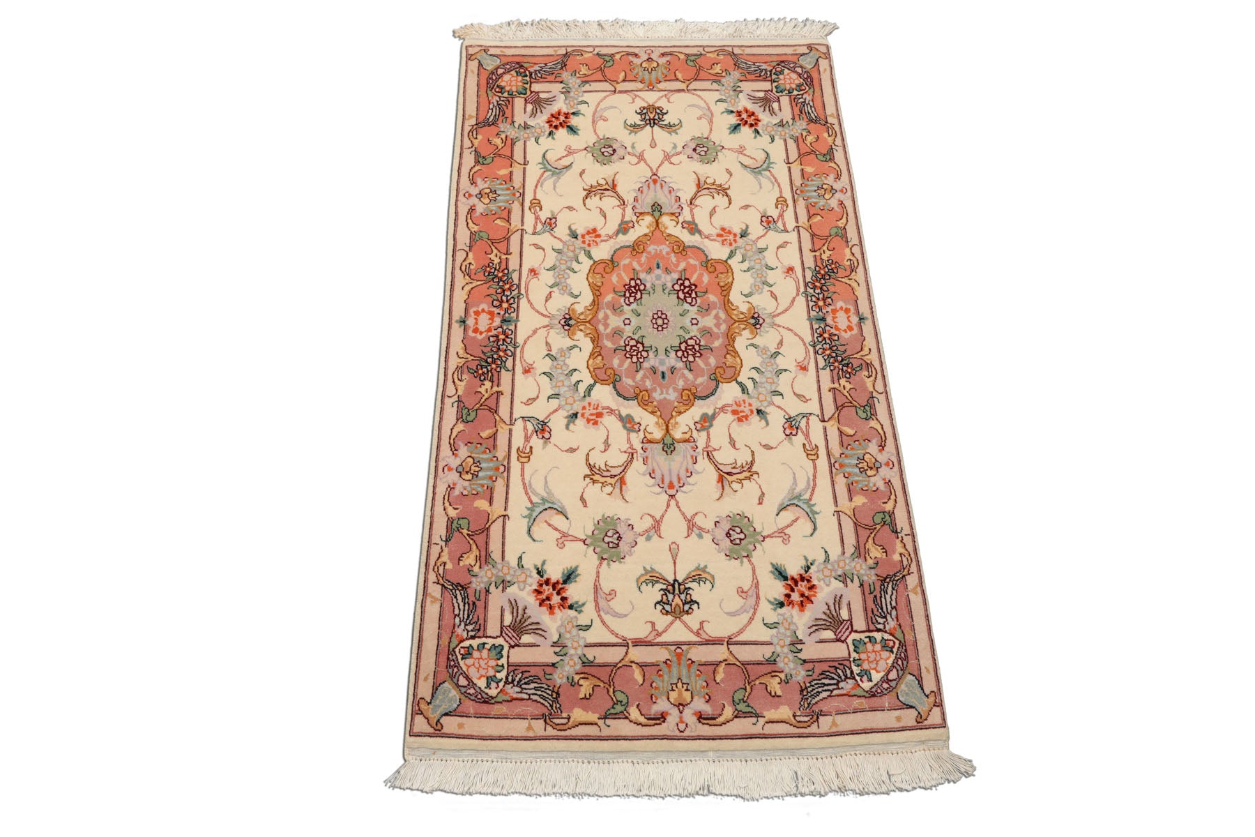 2x4 Ivory, Peach, Gold Color Hand Knotted Tabriz Wool & Silk Traditional Oriental Rug