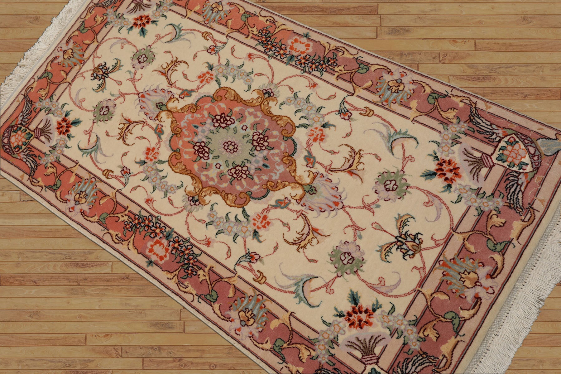 2x4 Ivory, Peach, Gold Color Hand Knotted Tabriz Wool & Silk Traditional Oriental Rug