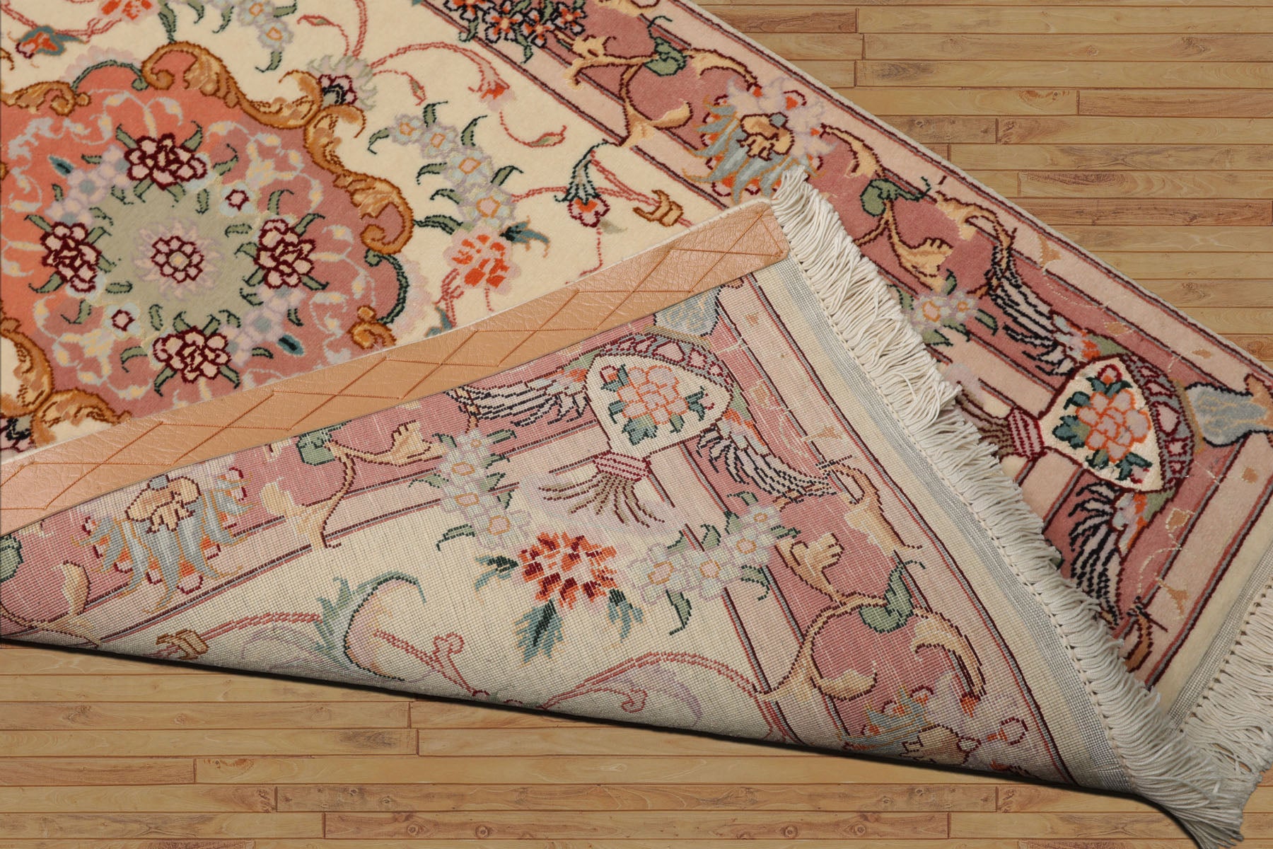 2x4 Ivory, Peach, Gold Color Hand Knotted Tabriz Wool & Silk Traditional Oriental Rug