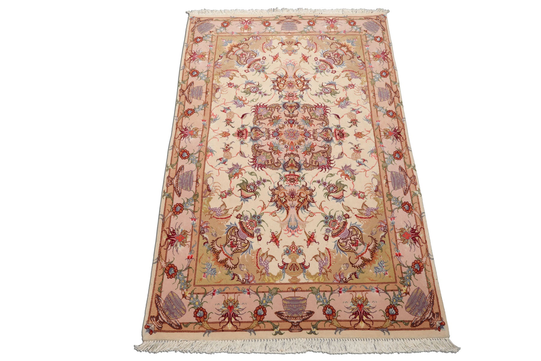 3x5 Ivory, Peach, Aubergine Color Hand Knotted Tabriz Wool & Silk Traditional Oriental Rug