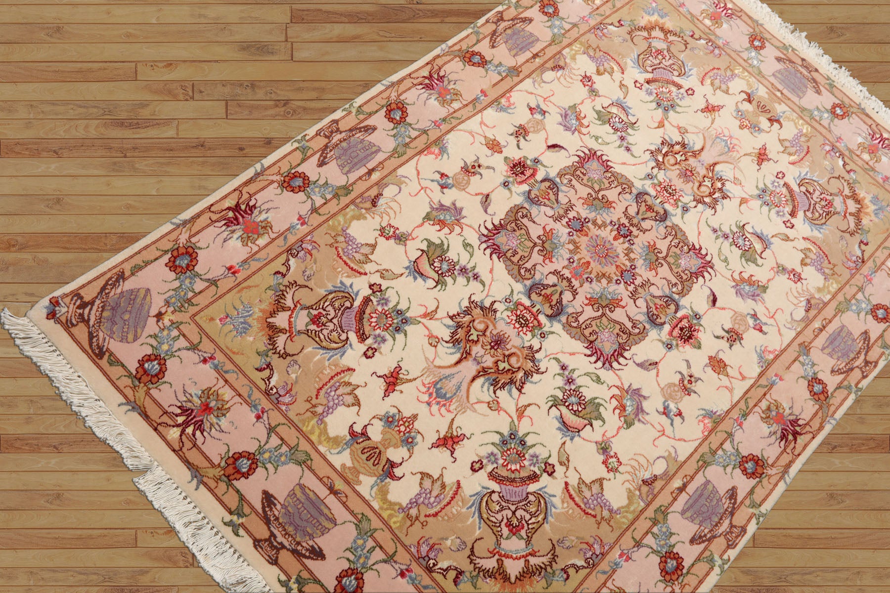 3x5 Ivory, Peach, Aubergine Color Hand Knotted Tabriz Wool & Silk Traditional Oriental Rug