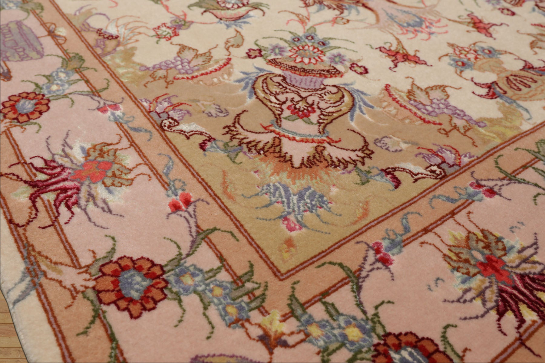 3x5 Ivory, Peach, Aubergine Color Hand Knotted Tabriz Wool & Silk Traditional Oriental Rug