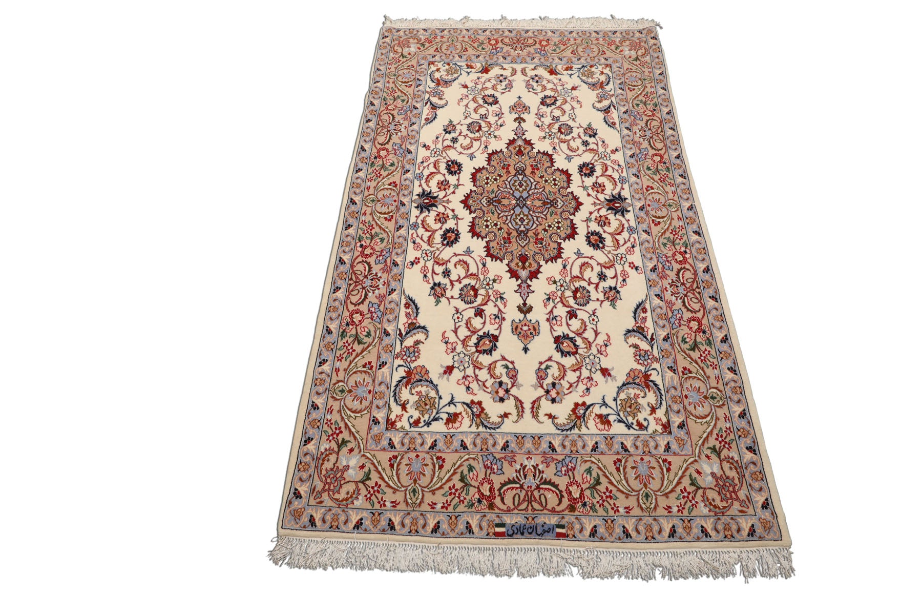 3x5 Ivory, Peach, Blue Color Hand Knotted Isfahan Wool & Silk Traditional Oriental Rug