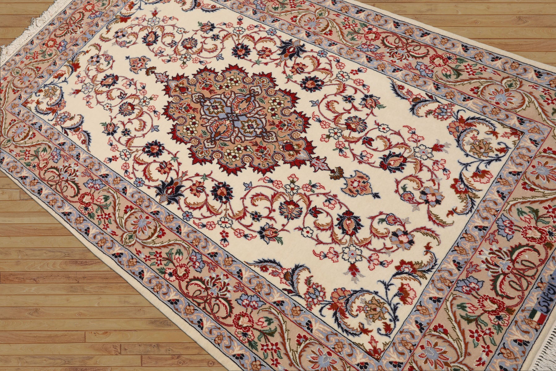 3x5 Ivory, Peach, Blue Color Hand Knotted Isfahan Wool & Silk Traditional Oriental Rug