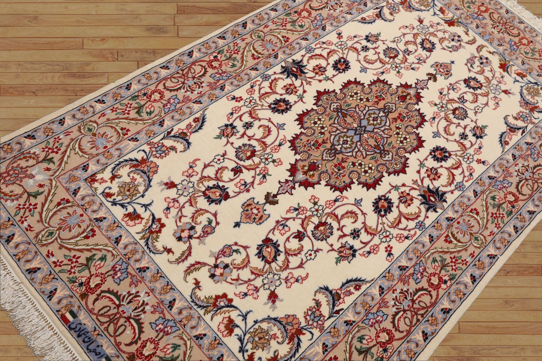 3x5 Ivory, Peach, Blue Color Hand Knotted Isfahan Wool & Silk Traditional Oriental Rug