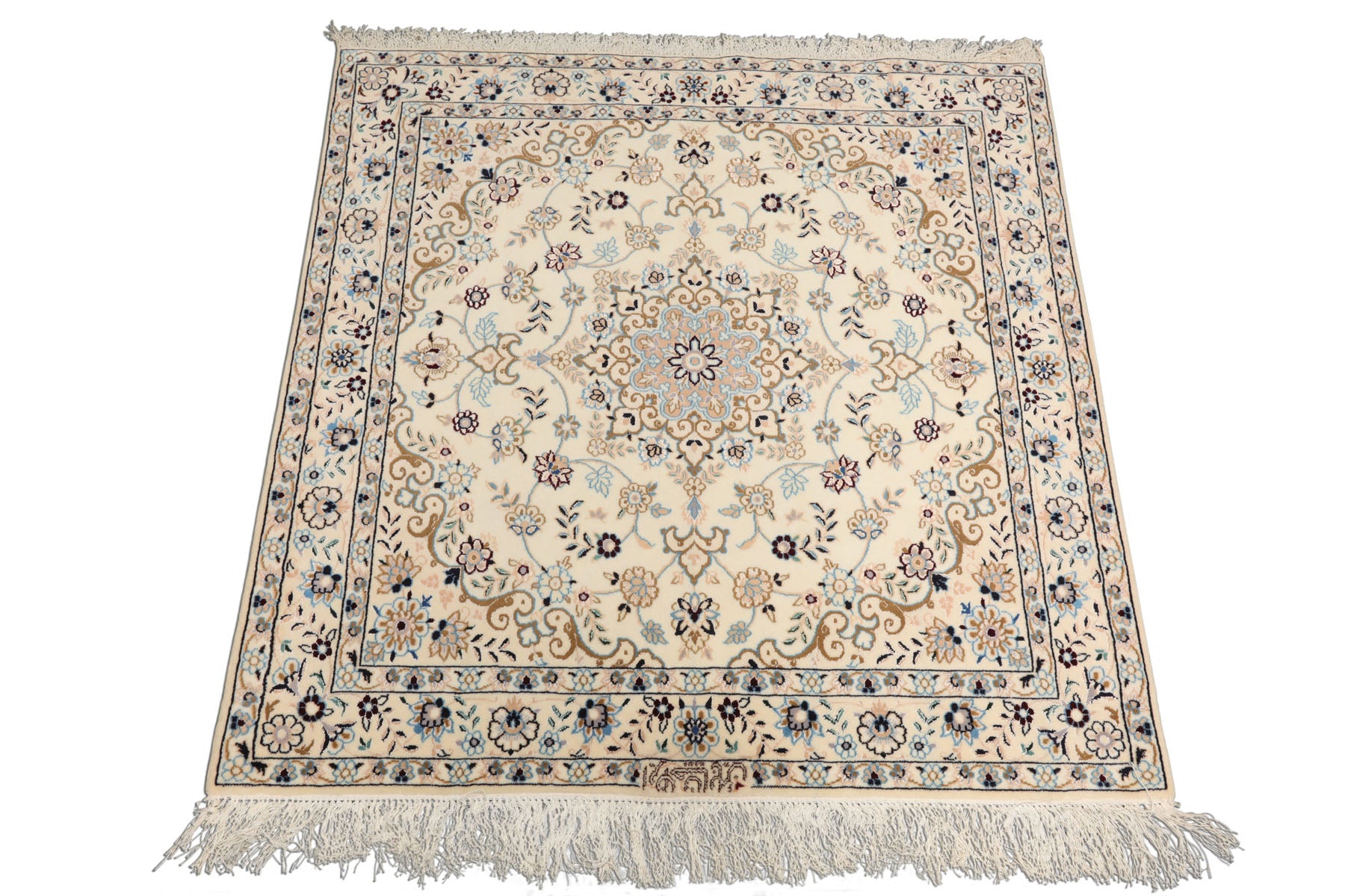 3x5 Ivory, Blue, Peach Color Hand Knotted Nain Wool & Silk Traditional Oriental Rug