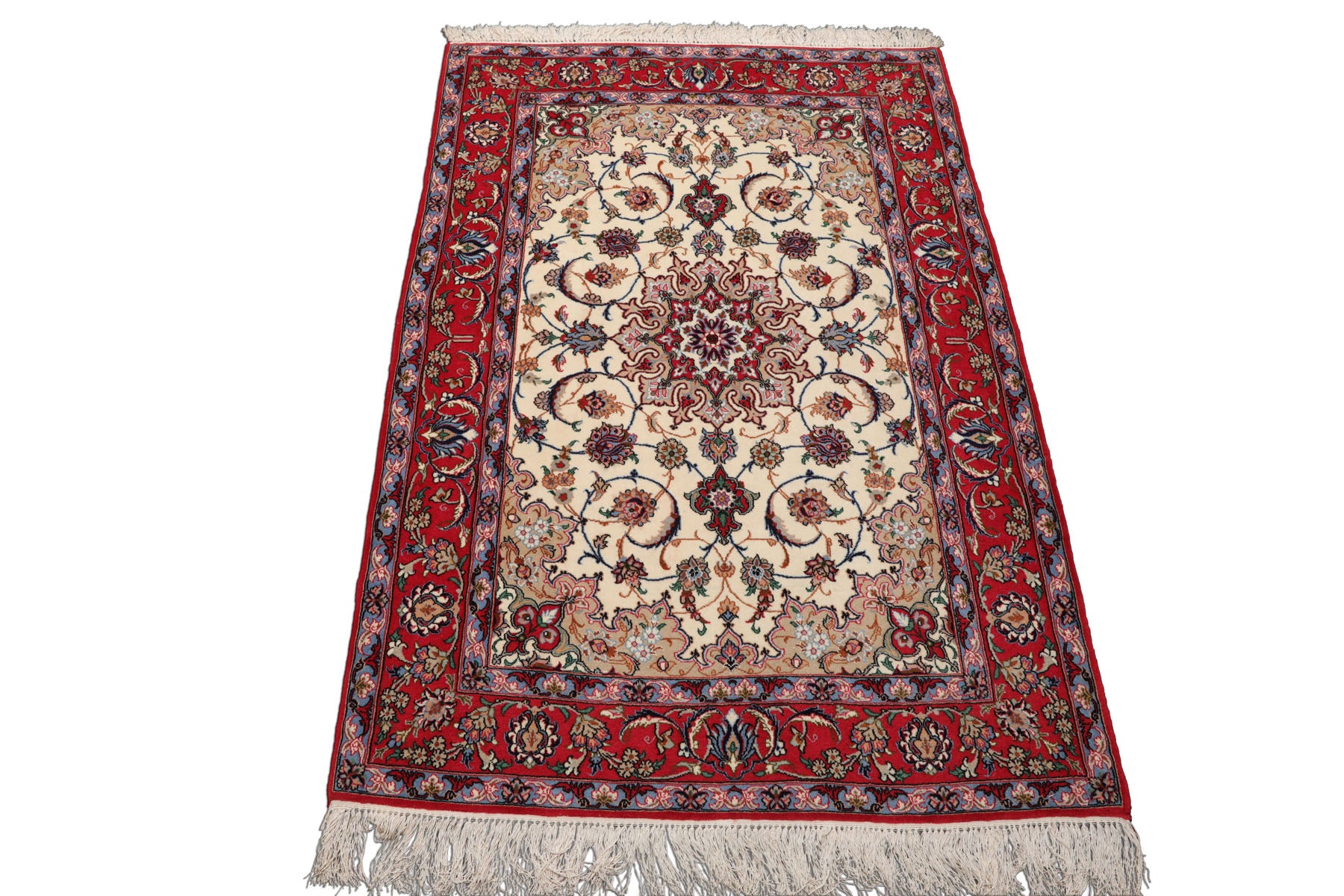 3x5 Ivory, Red, Blue Color Hand Knotted Isfahan Wool & Silk Traditional Oriental Rug