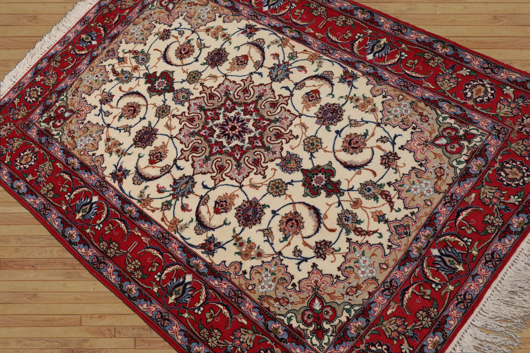 3x5 Ivory, Red, Blue Color Hand Knotted Isfahan Wool & Silk Traditional Oriental Rug