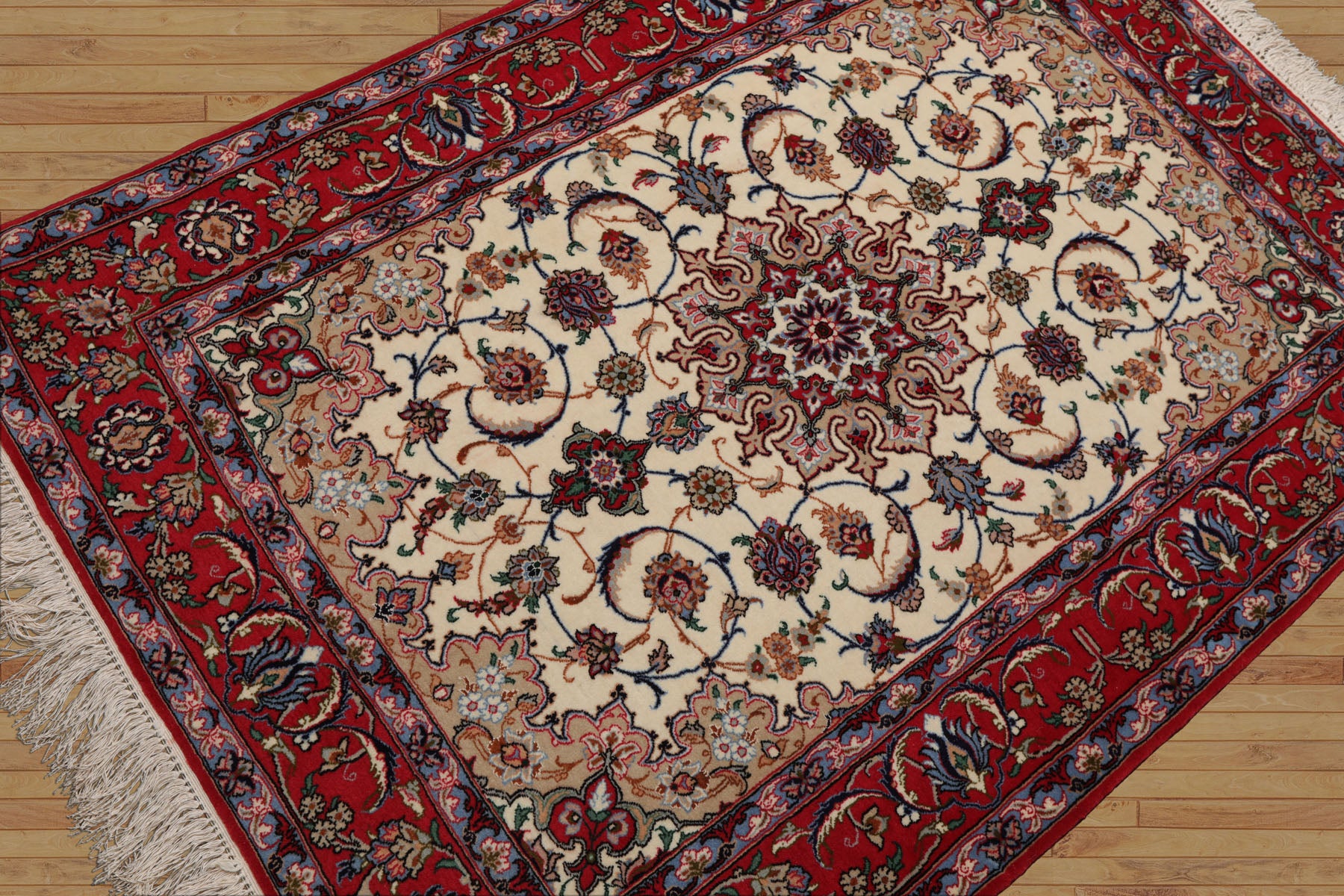 3x5 Ivory, Red, Blue Color Hand Knotted Isfahan Wool & Silk Traditional Oriental Rug