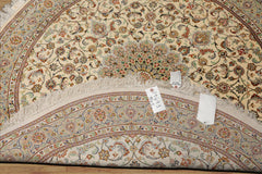 Round Ivory, Moss, Brown Color Hand Knotted Qum All Silk Silk Traditional Oriental Rug