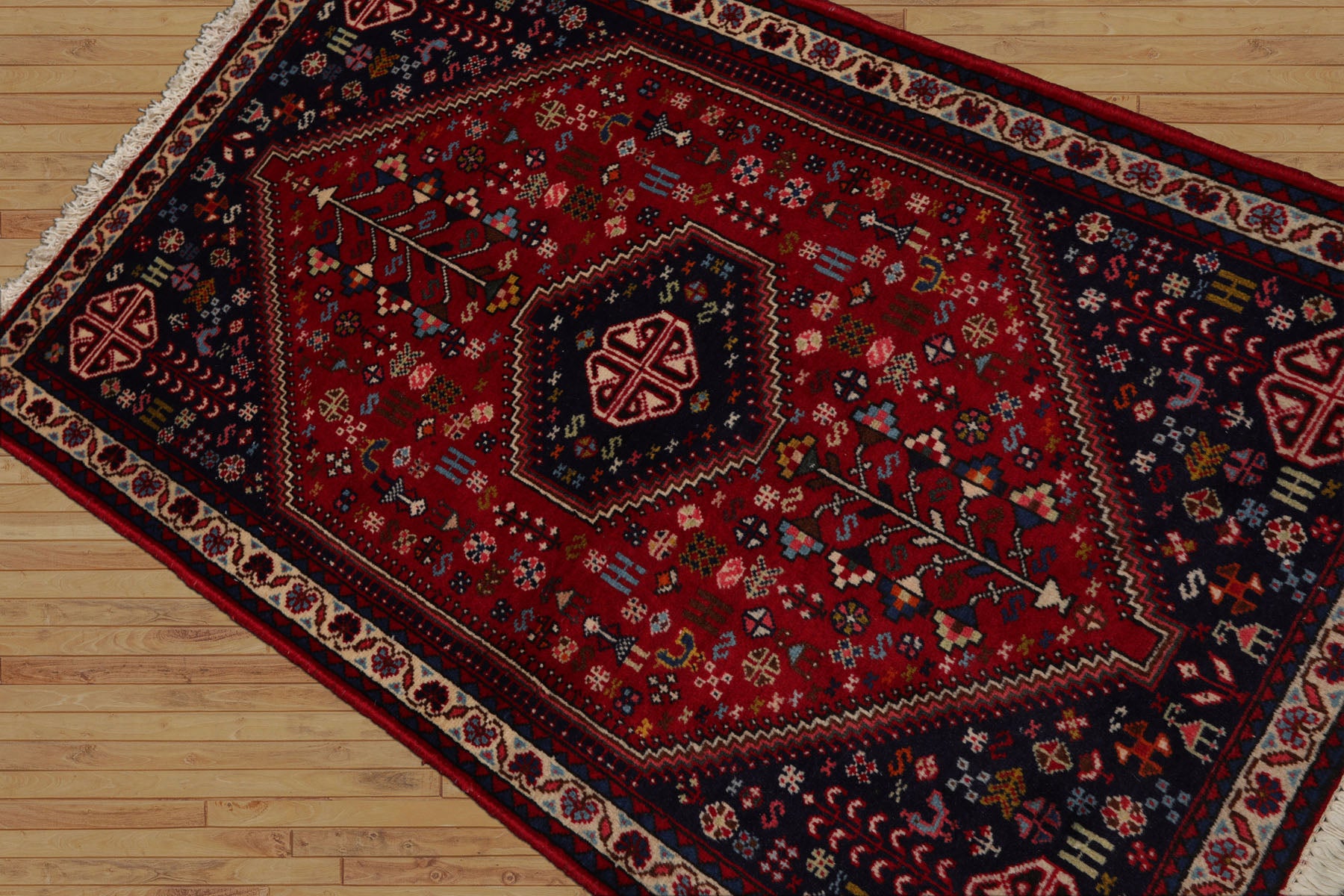3x5 Red, Navy, Ivory Color Hand Knotted Abadeh Silk Traditional Oriental Rug