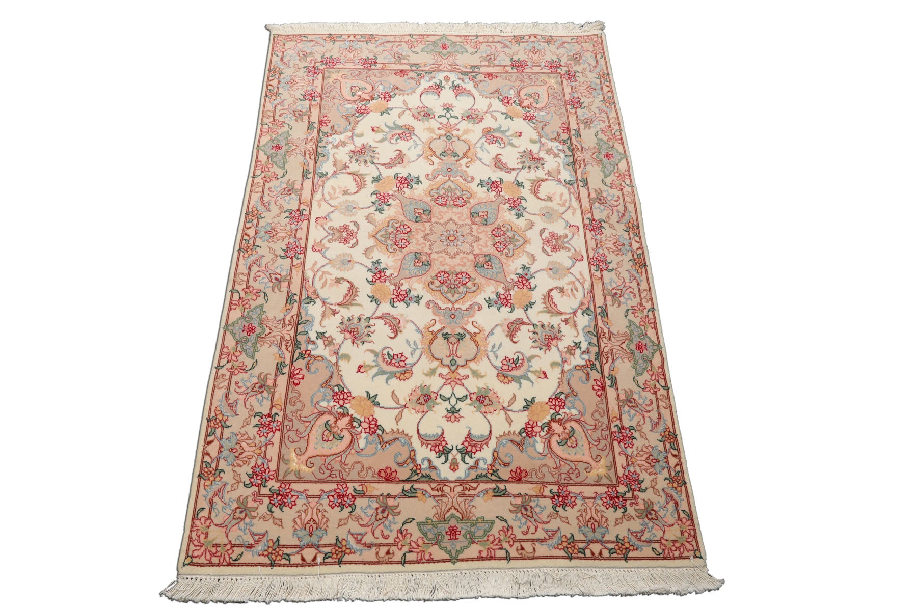 3x5 Ivory, Rose, Peach Color Hand Knotted Tabriz Wool & Silk Traditional Oriental Rug