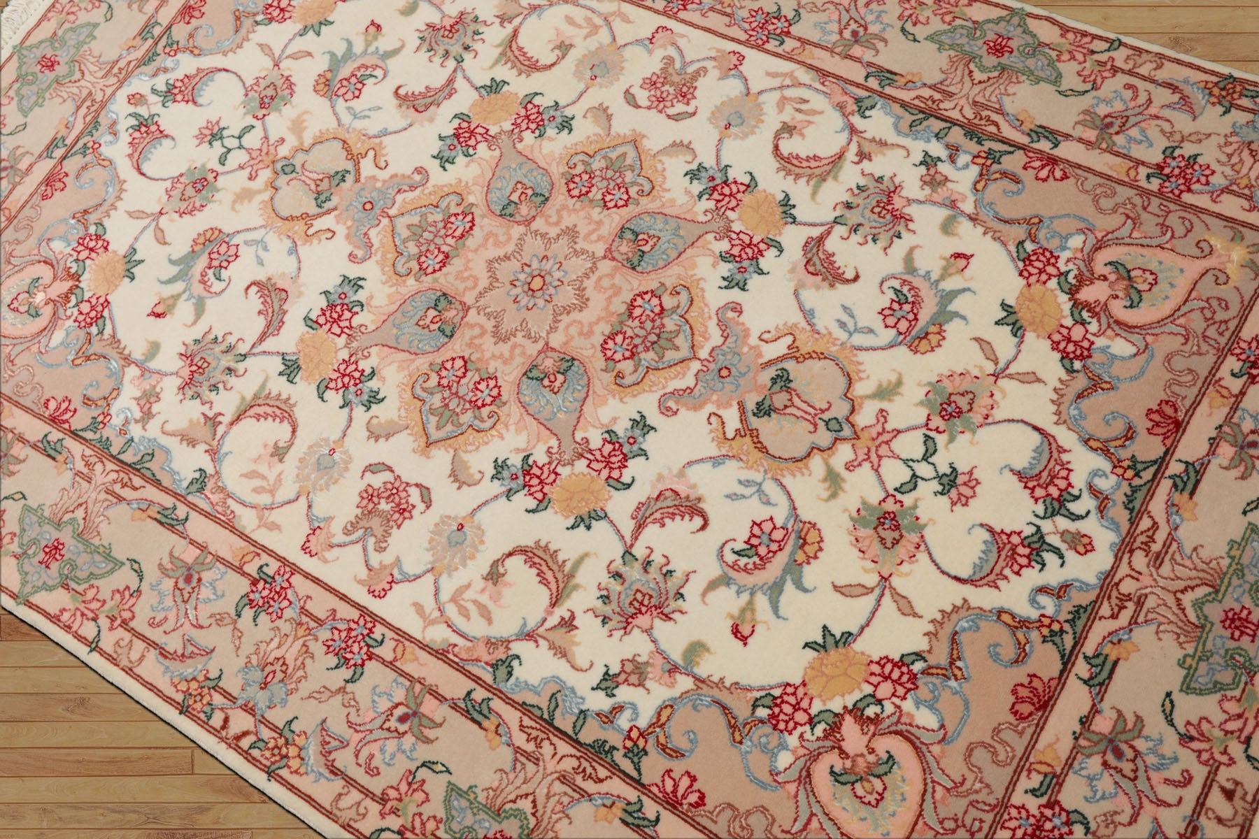 3x5 Ivory, Rose, Peach Color Hand Knotted Tabriz Wool & Silk Traditional Oriental Rug