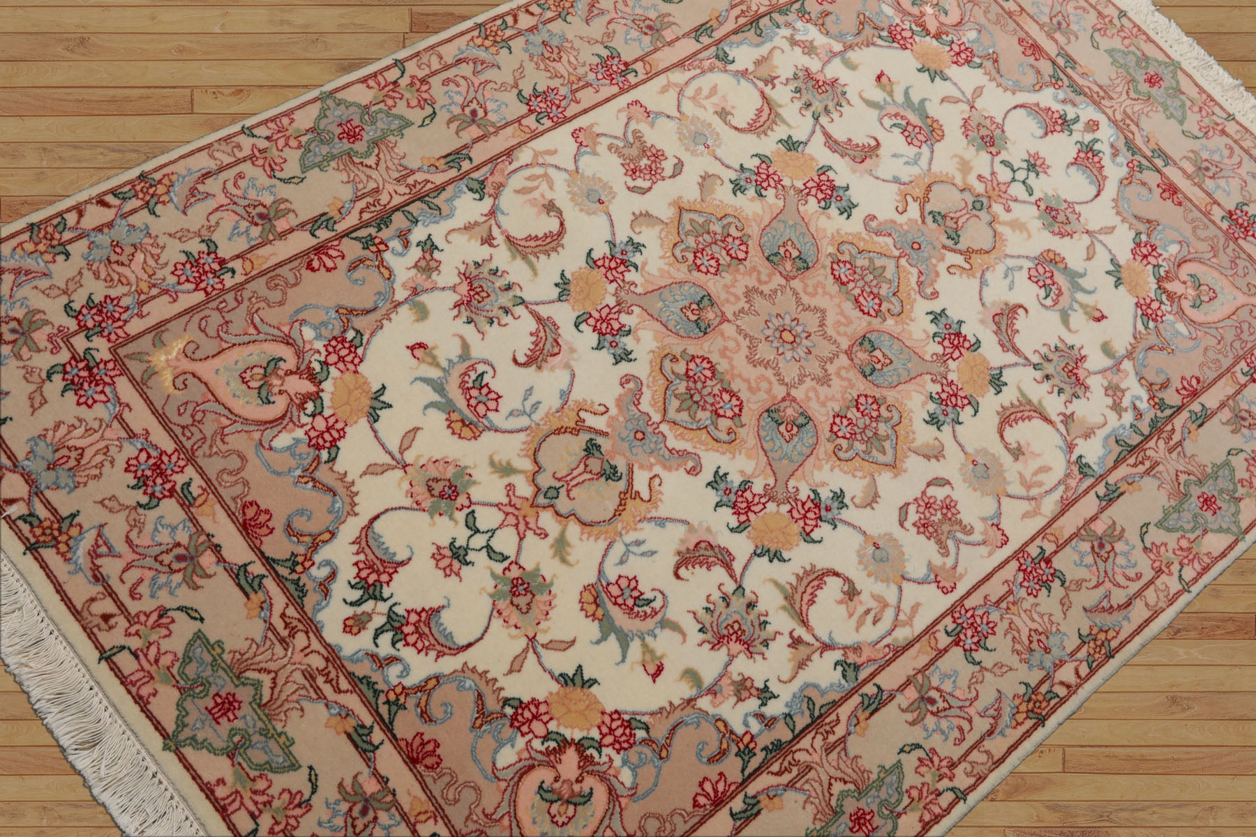 3x5 Ivory, Rose, Peach Color Hand Knotted Tabriz Wool & Silk Traditional Oriental Rug