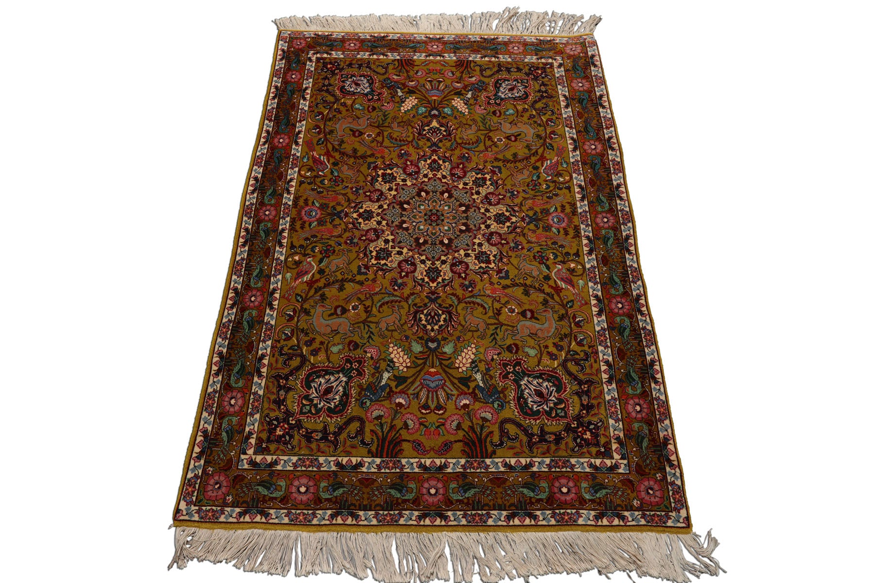 3x5 Mustard, Ivory, Green Color Hand Knotted Tabriz Wool & Silk Traditional Oriental Rug