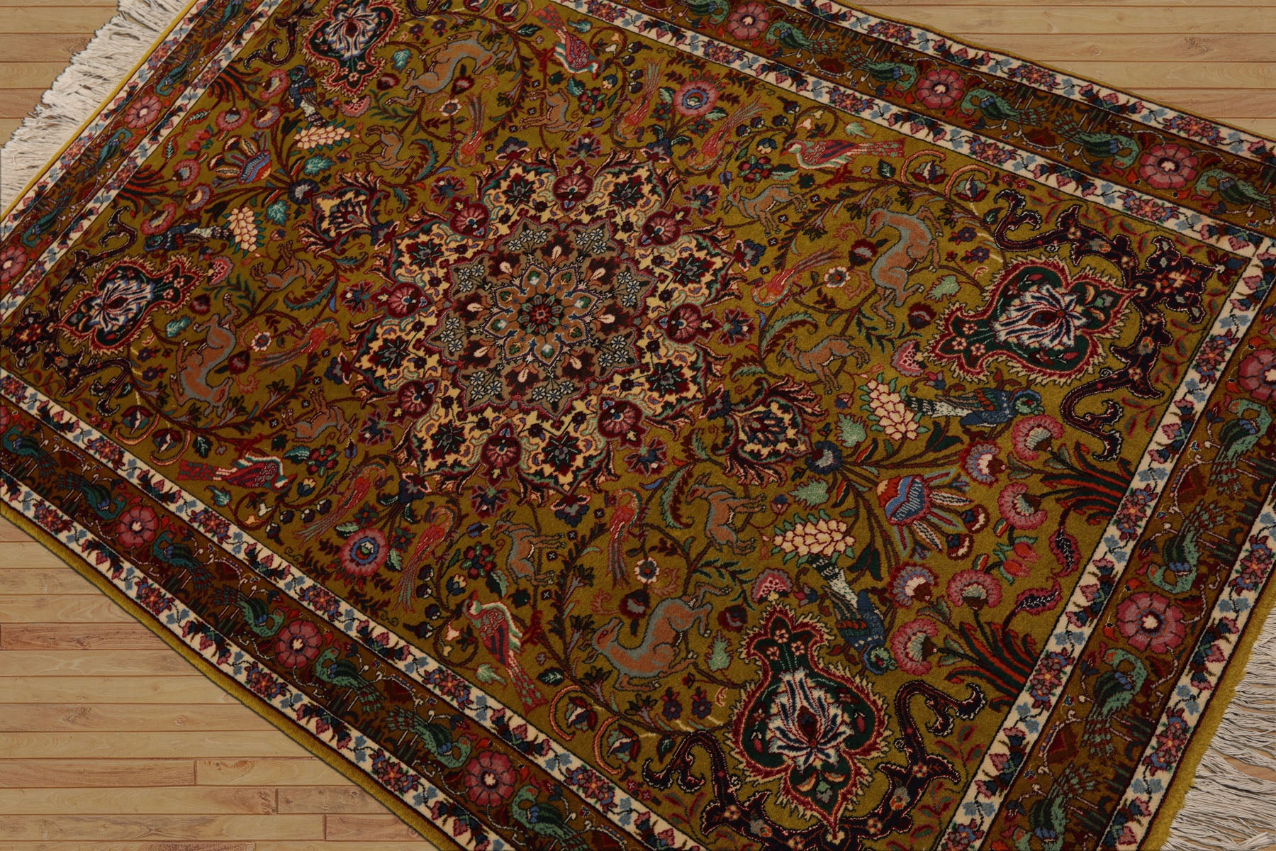3x5 Mustard, Ivory, Green Color Hand Knotted Tabriz Wool & Silk Traditional Oriental Rug
