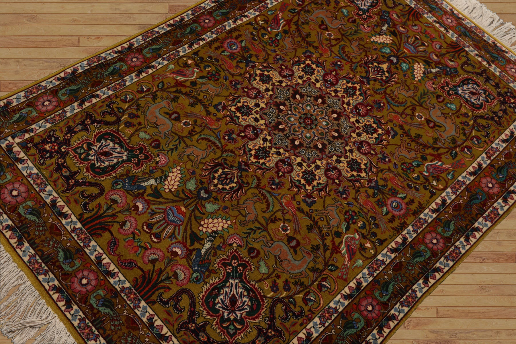 3x5 Mustard, Ivory, Green Color Hand Knotted Tabriz Wool & Silk Traditional Oriental Rug