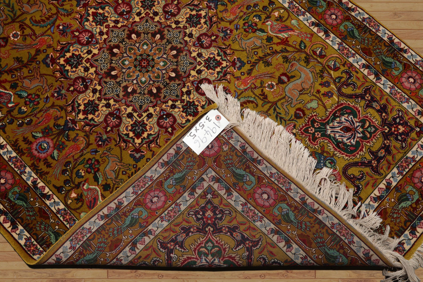 3x5 Mustard, Ivory, Green Color Hand Knotted Tabriz Wool & Silk Traditional Oriental Rug