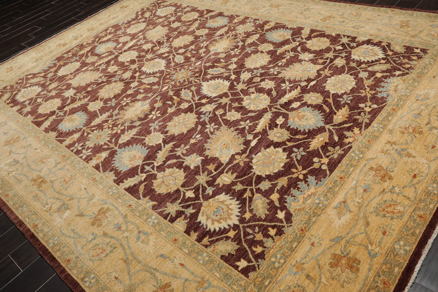9x12 Brown, Caramel, Blue Color Hand Knotted All-Over 100% Wool Traditional Oriental Rug