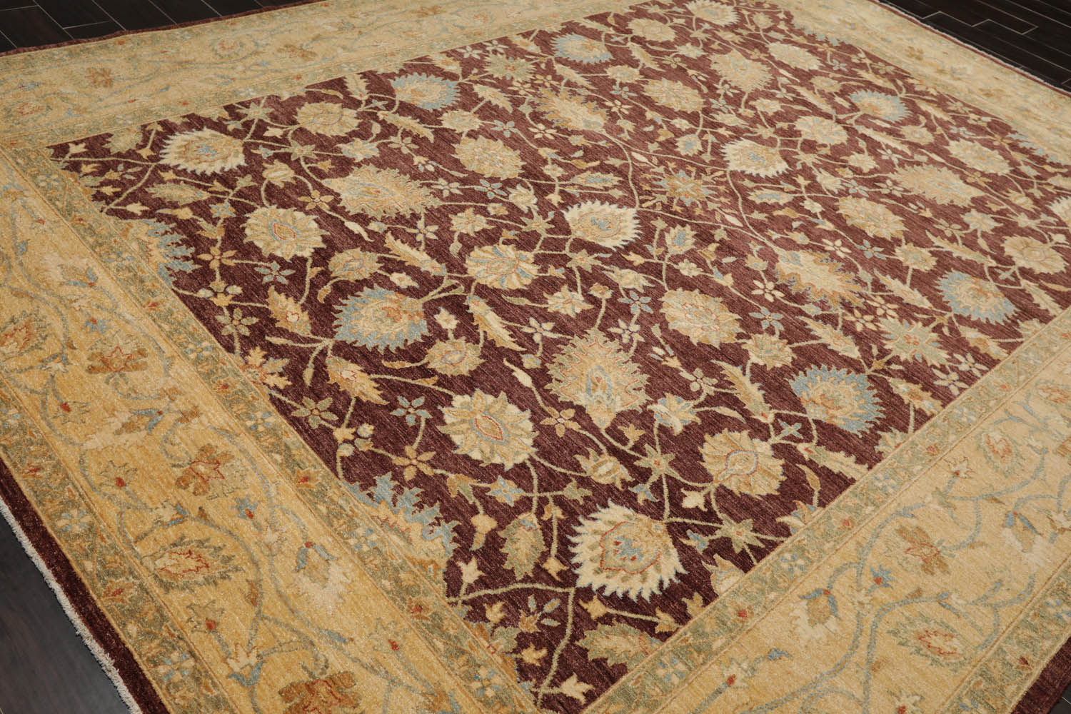 9x12 Brown, Caramel, Blue Color Hand Knotted All-Over 100% Wool Traditional Oriental Rug