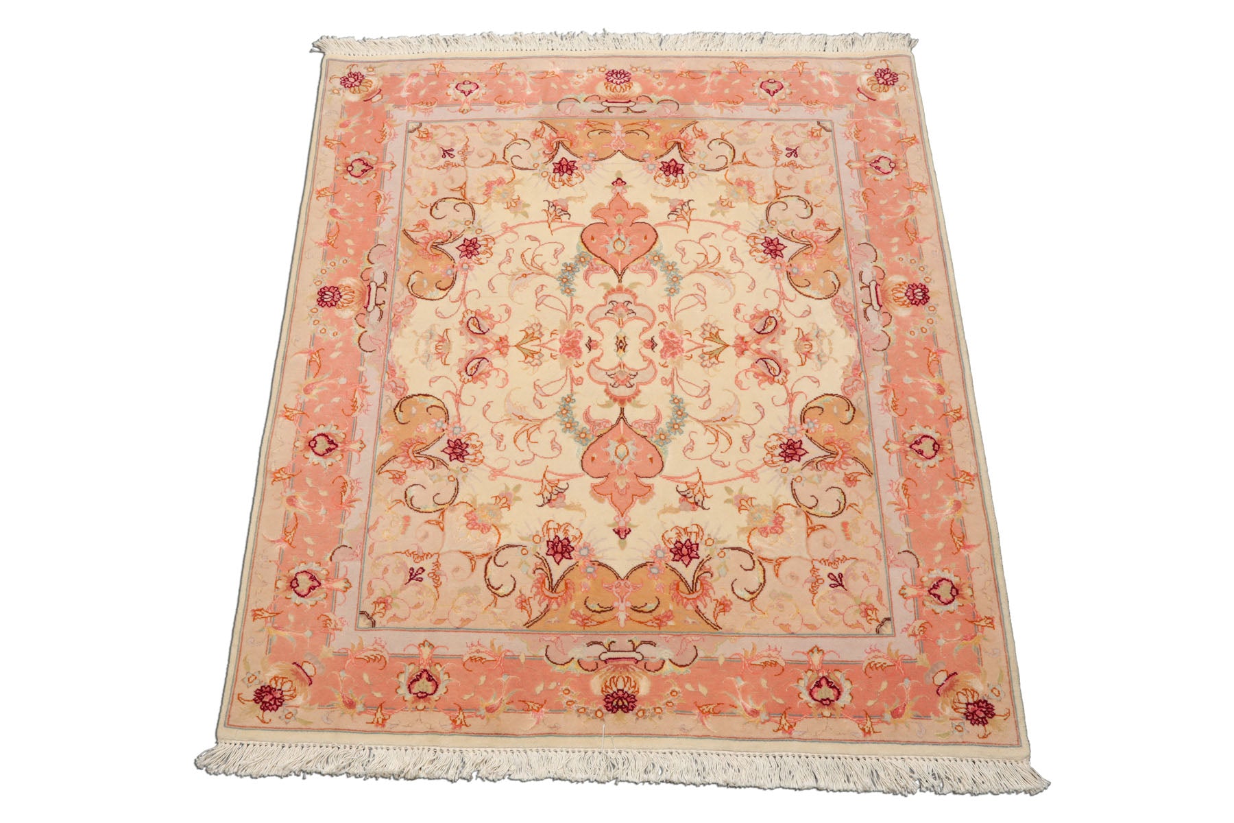 3x4 Ivory, rose, Gray Color Hand Knotted Tabriz Wool & Silk Traditional Oriental Rug