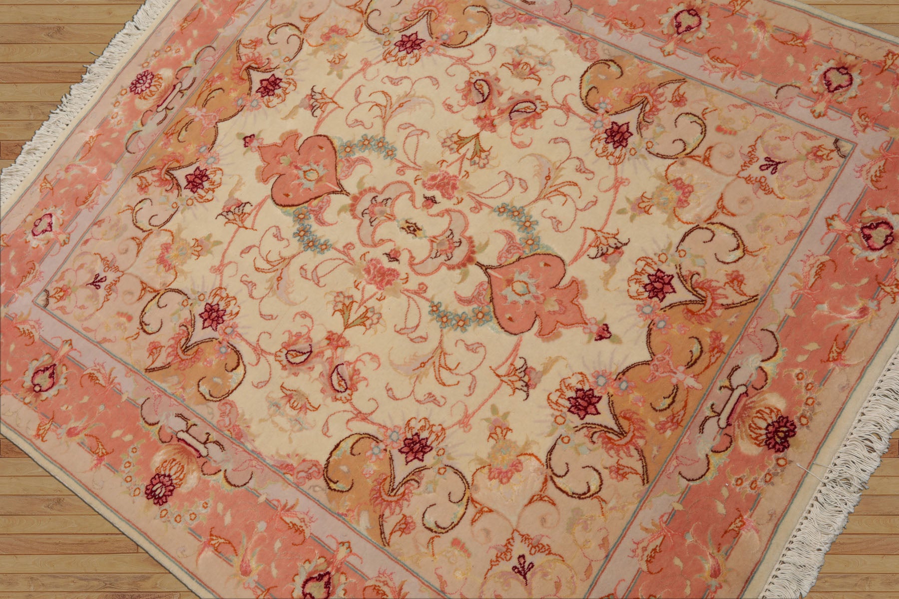 3x4 Ivory, rose, Gray Color Hand Knotted Tabriz Wool & Silk Traditional Oriental Rug