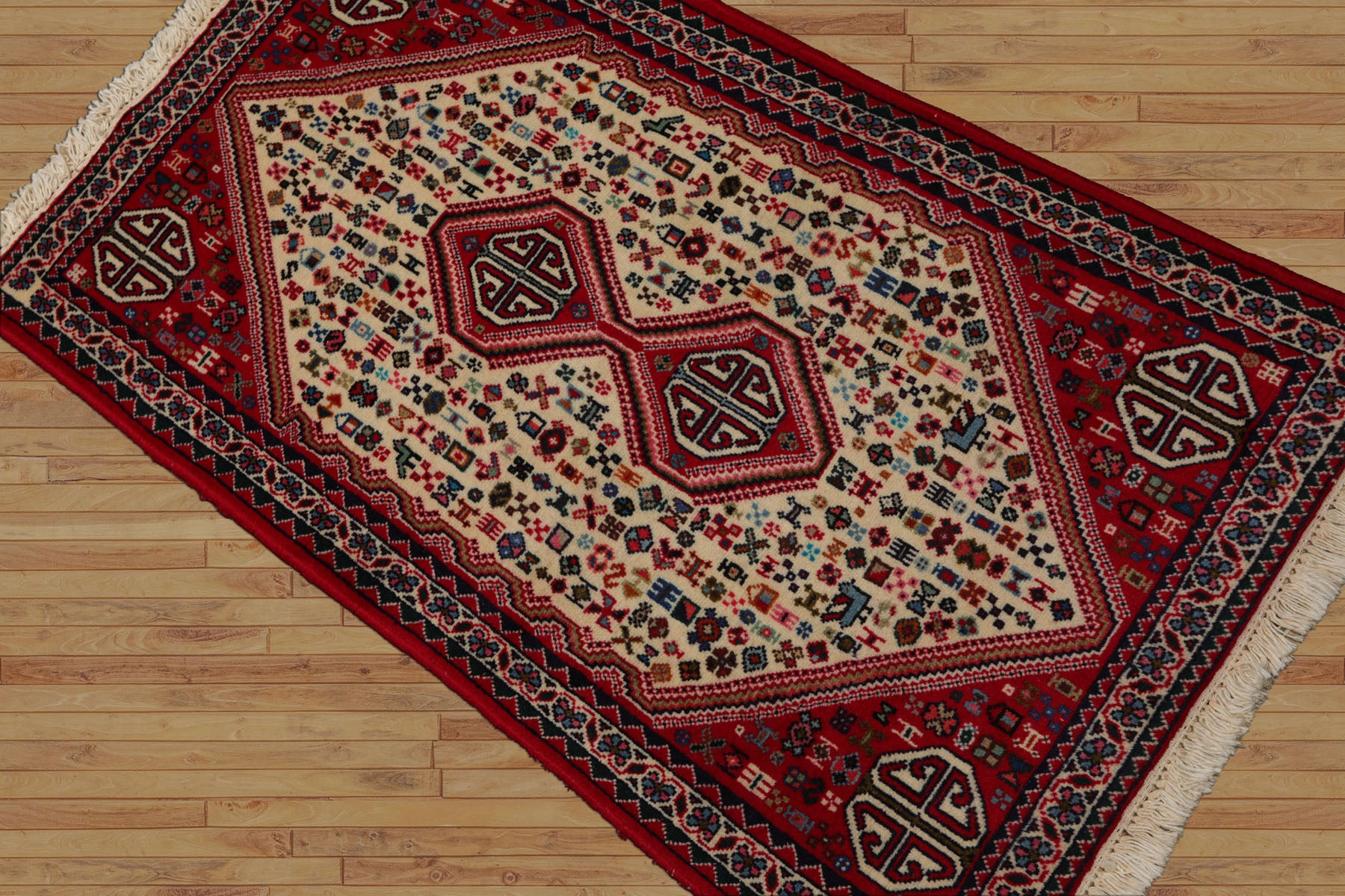 2x4 Ivory, Red, Charcoal Color Hand Knotted Abadeh Wool Traditional Oriental Rug