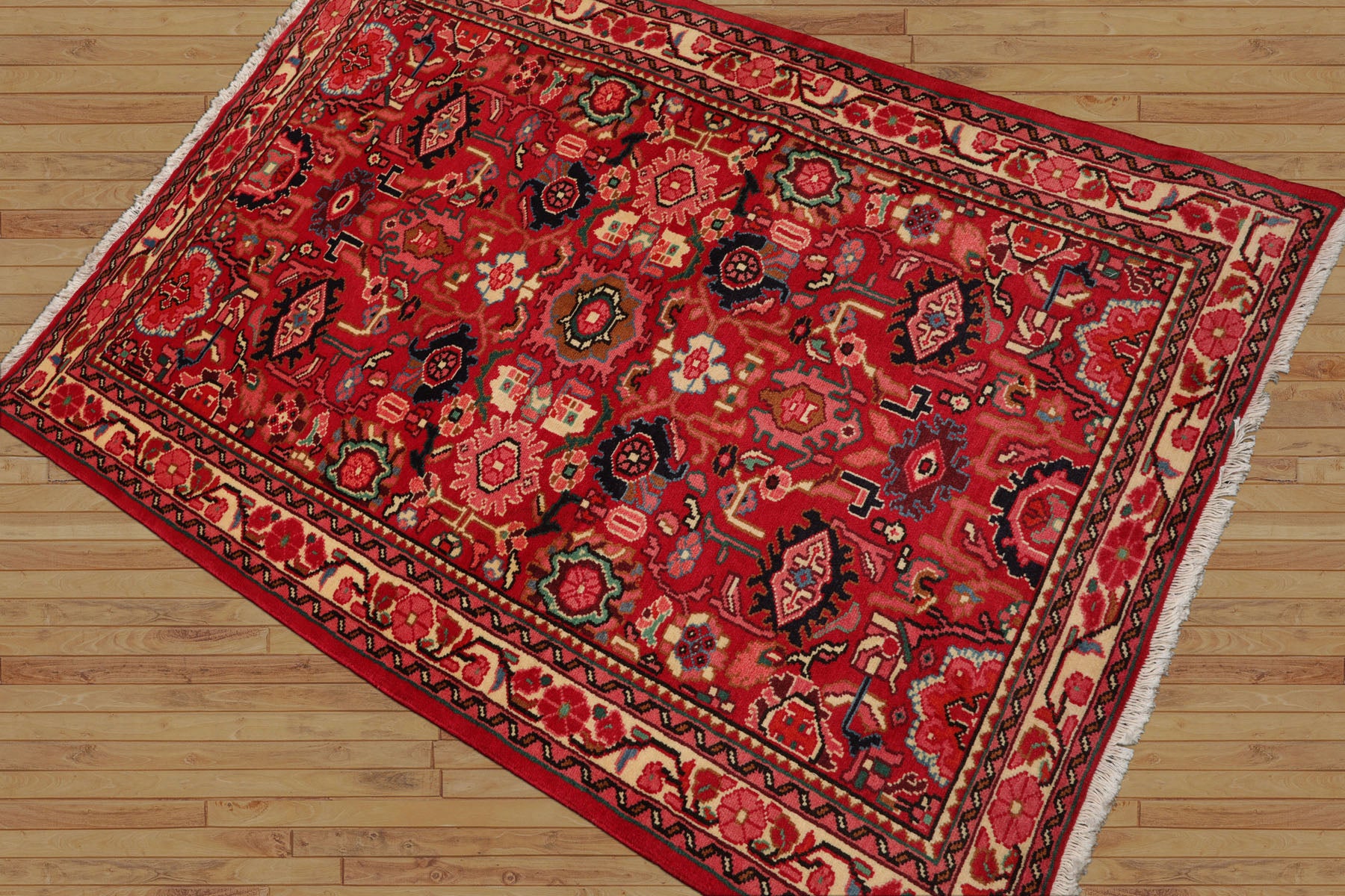 3x5 Red, Ivory, Green Color Hand Knotted Abadeh wool Traditional Oriental Rug