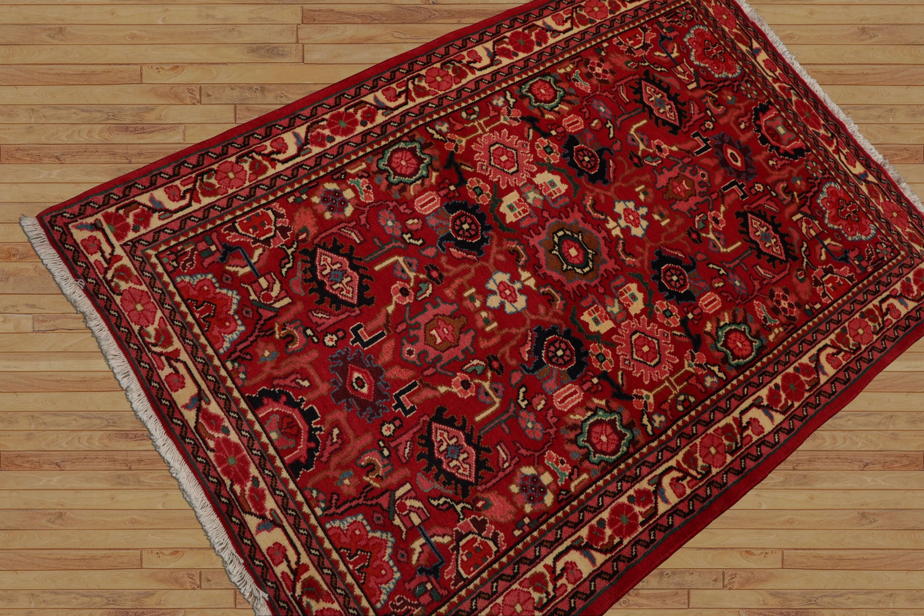 3x5 Red, Ivory, Green Color Hand Knotted Abadeh wool Traditional Oriental Rug