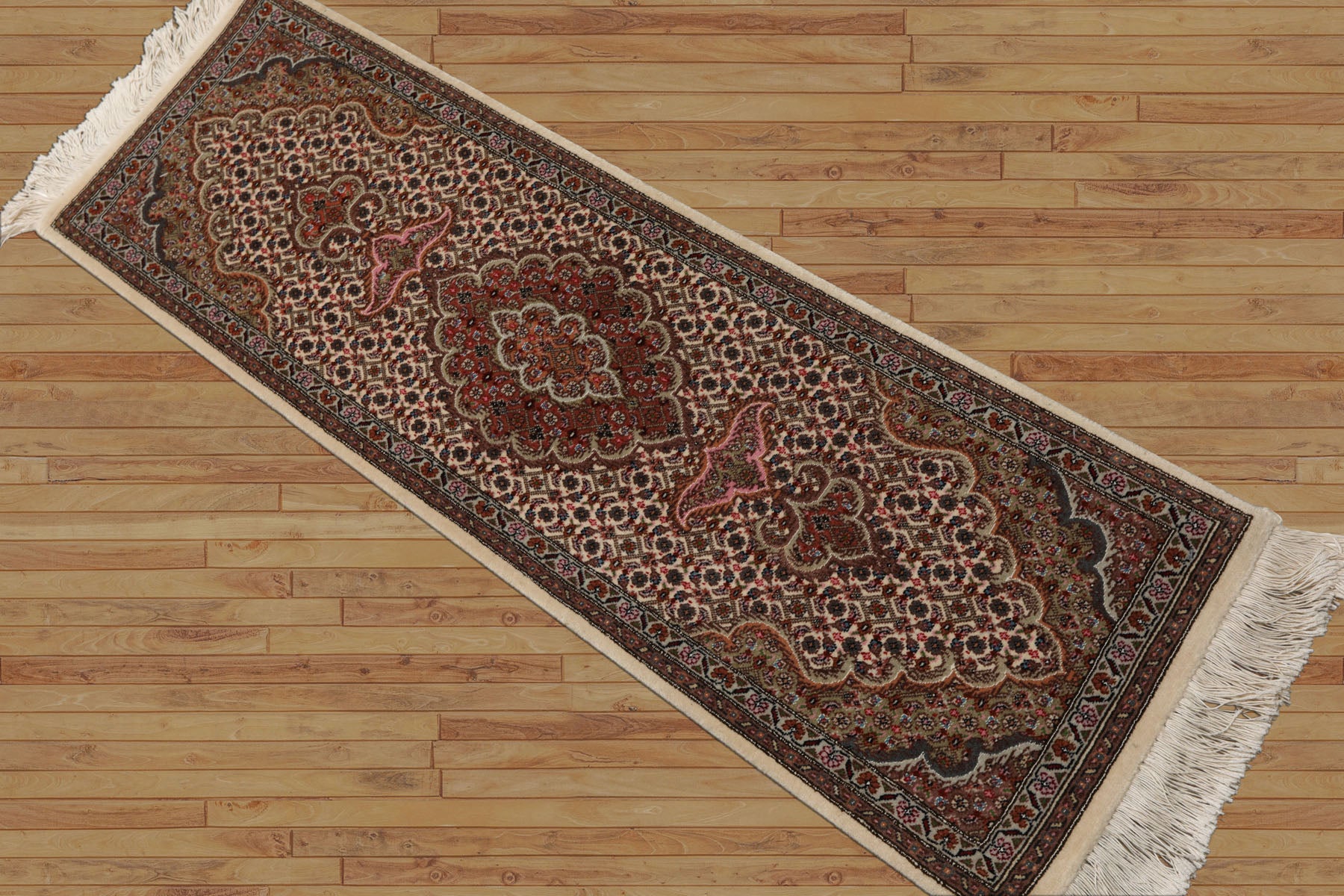 Runner Ivory, Brown, Pink Color Hand Knotted Tabriz Wool & Silk Traditional Oriental Rug